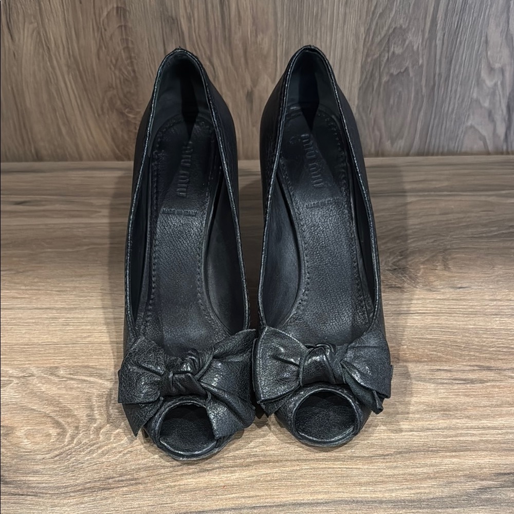 Miu Miu Black Peep-Toe Heels with Bows size 38.5